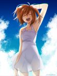  1girl ^_^ ^o^ ahoge alternate_costume arm_behind_head arm_up armpits bare_arms bare_shoulders blue_sky closed_eyes clouds commentary_request day dress fate/grand_order fate_(series) fujimaru_ritsuka_(female) looking_at_viewer open_mouth orange_hair outdoors short_hair side_ponytail sky solo tamagoyaki_(tamagomaigo) twitter_username white_dress 