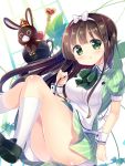  1girl anko_(gochiusa) apron ass bangs black_shoes blunt_bangs blush bow bowtie breasts brown_hair closed_mouth collared_dress crown cup dress eyebrows_visible_through_hair full_body gochuumon_wa_usagi_desu_ka? green_bow green_bowtie green_dress green_eyes hairband in_container kafuu_chino kneehighs kurou_(quadruple_zero) leaf loafers long_hair looking_at_viewer medium_breasts mini_crown no_panties plant puffy_short_sleeves puffy_sleeves rabbit saucer shoes short_sleeves smile striped striped_dress ujimatsu_chiya upskirt vertical-striped_dress vertical_stripes vines wand white_apron white_bow white_legwear wrist_cuffs 