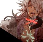  1boy ag_ss41 armor dark_skin fate/apocrypha fate_(series) green_eyes long_hair looking_at_viewer male_focus open_mouth saber_of_black simple_background solo 