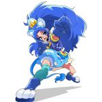  1girl animal_ears asymmetrical_socks blue_eyes blue_gloves blue_hair blue_jacket choker clenched_hands commentary_request crown cure_gelato earrings extra_ears full_body fur_trim gloves highres jacket jewelry kirakira_precure_a_la_mode leather leather_jacket lion_ears lion_tail long_hair looking_at_viewer magical_girl nukosann open_mouth precure punching short_sleeves simple_background skirt smile solo tail tategami_aoi teeth white_background 