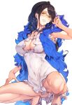  1girl black_hair blush breasts brown_eyes cleavage dress fur_trim glasses high_heels long_hair looking_at_viewer medium_breasts nanao_(mahaya) nico_robin one_piece parted_lips rimless_glasses short_dress simple_background smile solo squatting white_dress 