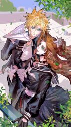  1boy 1girl aerith_gainsborough aerith_gainsborough_(midgard_seventh_high_school) bandaged_chest bandaid bandaid_on_cheek bandaid_on_face black_choker black_gloves black_jacket black_mask black_pants black_sailor_collar black_shirt black_skirt blonde_hair blue_eyes breasts choker closed_mouth cloud_strife cloud_strife_(midgard_seventh_high_school) collared_shirt couple crop_top delinquent final_fantasy final_fantasy_vii final_fantasy_vii_ever_crisis flower from_above gakuran gloves green_eyes grey_neckerchief grose hair_between_eyes hair_flower hair_ornament hair_ribbon half_updo hetero highres jacket long_skirt looking_at_another mask mask_around_neck medium_breasts midriff mouth_mask navel neckerchief official_alternate_costume open_mouth pants paper_airplane parted_bangs pleated_skirt ponytail red_ribbon ribbon rooftop sailor_collar school_uniform shirt short_hair sidelocks skirt smile spiky_hair sukeban twitter_username white_flower white_shirt 