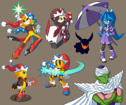  absurdres choco_(spark_the_electric_jester_3) cloak drawpile_(medium) eram_(deltarune) fark_(spark_the_electric_jester) full_body glasses hat highres holding holding_umbrella hover_bike jacket jester_cap piccolo scarf sfarx_(spark_the_electric_jester_3) simple_background spark_the_electric_jester spark_the_electric_jester_(series) sparkle standing tennasi19 umbrella 