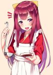  /\/\/\ 1girl apron bangs bow hair_bow highres japanese_clothes kamikaze_(kantai_collection) kantai_collection kimono ladle long_hair looking_at_viewer open_mouth orihi_chihiro purple_hair solo violet_eyes 