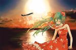  1girl airline arms_out closed_eyes dress female_focus gradient_hair hatsune_miku lei long_hair solo sunset tagme vocaloid 