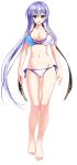  1girl amasaka_takashi aqua_eyes bare_shoulders barefoot bikini breasts cleavage eyebrows_visible_through_hair feet full_body hair_ornament hairclip highres large_breasts lavender_hair long_hair looking_at_viewer navel selphine_flowlight side-tie_bikini smile solo standing swimsuit toes transparent_background unionism_quartet very_long_hair 