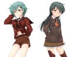  alternate_costume alternate_hairstyle bangs baretto black_hair blazer blush breast_envy breasts brown_eyes brown_legwear brown_skirt commentary_request cosplay green_eyes green_hair hair_flip hair_ornament hairclip jacket kantai_collection long_hair long_sleeves looking_at_viewer medium_breasts midriff mogami_(kantai_collection) mogami_(kantai_collection)_(cosplay) neckerchief school_uniform serafuku shirt short_hair shorts simple_background skirt small_breasts smile suzuya_(kantai_collection) suzuya_(kantai_collection)_(cosplay) swept_bangs thigh-highs white_background 