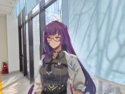  1girl absurdres black_necktie blunt_bangs chest_belt closed_mouth coat collared_shirt dappled_sunlight drmskr english_commentary glasses grey_shirt highres honkai_(series) honkai_impact_3rd indoors lab_coat light_blush light_smile long_hair looking_at_viewer mei_(honkai_impact) necktie purple_hair real_life_insert shade shirt sleeves_rolled_up solo standing sunlight upper_body violet_eyes white_coat 