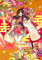  1girl arrow_(projectile) bamboo black_hair blush bow colorful_background detached_sleeves egasumi floral_print_sleeves flower folding_fan frilled_headwear frilled_skirt frills hagoita hair_bow hair_flower hair_ornament hakurei_reimu hand_fan highres holding holding_arrow holding_fan japanese_clothes kabaji kimono kimono_skirt long_hair maneki-neko miniskirt new_year obi open_mouth paddle red_bow red_kimono sandals sash short_kimono skirt socks solo tabi teeth touhou traditional_media upper_teeth_only white_socks zouri 