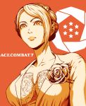  1girl ace_combat ace_combat_7 asymmetrical_hair brooch formal hair_bun jewelry orange_(color) portrait suit suyama 