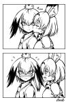  2girls blush cheek_kiss greyscale kemono_friends kiss monochrome multiple_girls noise_(tsuzuki) serval_(kemono_friends) shoebill_(kemono_friends) 