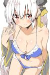  1girl bare_shoulders bikini blue_bikini blue_bow body_blush bow breasts cleavage closed_mouth collarbone copyright_request cowboy_shot dragon_horns frilled_bikini frills grey_jacket hair_bow horns jacket leaning_forward looking_at_viewer mamedenkyuu_(berun) medium_breasts navel open_clothes open_jacket ponytail red_eyes silver_hair simple_background sketch smile solo standing stomach swimsuit white_background yellow_bow 