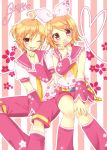  1boy 1girl alternate_color alternate_costume alternate_eye_color amane_(amnk1213) blonde_hair bow brother_and_sister cherry_blossoms dated detached_sleeves floral_background grin hair_bow hair_ornament hairclip heart heart_of_string kagamine_len kagamine_rin leg_warmers looking_at_viewer necktie one_eye_closed pink_background pink_eyes sailor_collar short_hair shorts siblings signature sitting smile striped striped_background twins vocaloid 