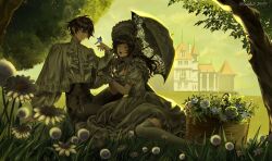  1boy 1girl absurdres andrew_graves aristocratic_clothes ashley_graves black_hair black_pants brother_and_sister bug butterfly dress fangs flower green_eyes high_heels highres holding holding_umbrella looking_at_viewer mansion open_mouth pants pink_eyes siblings sitting smile taro7_omaeee the_coffin_of_andy_and_leyley thigh-highs umbrella vampire white_dress 