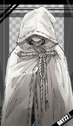  1boy charlemagne_(fate) checkered_background cloak closed_mouth fate/grand_order fate_(series) highres hood hood_over_eyes hood_up hooded_cloak kankan33333 obscured_eyes smile solo traum_(fate/grand_order) white_cloak white_hair 