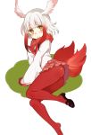  1girl black_shoes crested_ibis_(kemono_friends) gloves head_wings highres kemono_friends long_hair long_sleeves looking_at_viewer lying multicolored_hair pantyhose paragasu_(parags112) red_gloves red_legwear red_skirt redhead shoes skirt solo tail two-tone_hair white_hair yellow_eyes 