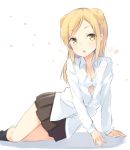  &gt;_o 1girl :o :p arm_support artist_name black_legwear blonde_hair bra breasts cleavage demi-chan_wa_kataritai double_bun eyebrows_visible_through_hair fang floral_background kneehighs kotonoha_zaja long_hair looking_at_viewer lying on_side one_eye_closed open_mouth partially_unbuttoned pleated_skirt rabbit school_uniform signature simple_background sketch skirt small_breasts solo takanashi_hikari tongue tongue_out underwear white_background white_bra yellow_eyes 