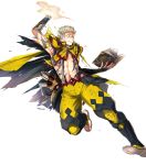  1boy abs bag blonde_hair blue_eyes book cape center_opening circlet earrings fire_emblem fire_emblem_heroes fire_emblem_if full_body highres jewelry magic male_focus odin_(fire_emblem_if) official_art one_eye_closed sandals scroll solo suekane_kumiko teeth torn_clothes transparent_background 