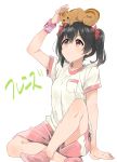  1girl animal animal_on_head arm_support black_hair bow chipmunk commentary_request hair_bow highres indian_style looking_up love_live! love_live!_school_idol_project monsieur no_shoes on_head red_eyes shirt short_hair short_sleeves shorts simple_background sitting socks solo squirrel t-shirt translated twintails white_background wristband yazawa_nico 