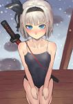  1girl bangs bare_shoulders black_hairband blue_eyes blue_swimsuit blunt_bangs blush closed_mouth collarbone desuka_(sasadango6) ear_blush flat_chest from_above groin hair_ribbon hairband hands_on_lap highres katana konpaku_youmu looking_at_viewer nose_blush one-piece_swimsuit ribbon scabbard school_swimsuit seiza sheath sheathed short_hair shoulder_blush silver_hair sitting snow snowing solo spaghetti_strap swimsuit sword thigh_gap touhou veranda weapon weapon_on_back wooden_floor 
