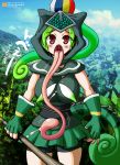  absurdres artist_request bike_shorts breasts chameleon_tail chameleon_tongue commentary_request fingerless_gloves gloves highres hood long_tongue open_mouth panther_chameleon red_eyes skirt sleeveless tongue 