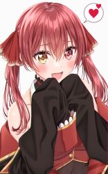  1girl absurdres bare_shoulders black_coat blush coat commentary_request covered_navel fang hair_between_eyes hair_ribbon heart heart-shaped_pupils heterochromia highres hololive houshou_marine houshou_marine_(1st_costume) leotard leotard_under_clothes looking_at_viewer off_shoulder ojyomu open_mouth red_ribbon ribbon simple_background sleeves_past_fingers sleeves_past_wrists smile solo spoken_heart symbol-shaped_pupils twintails upper_body virtual_youtuber white_background 