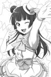  1girl armpits bow bowtie bracelet eyebrows_visible_through_hair flower greyscale ha-ru hair_bun hair_ornament hat hat_flower jewelry looking_at_viewer love_live! love_live!_school_idol_project love_live!_sunshine!! monochrome one_eye_closed outstretched_hand pleated_skirt ribbon sketch skirt smile solo tsushima_yoshiko v 