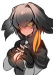  1girl bangs bird_wings black_gloves black_hair blush bodystocking breasts cleavage closed_mouth eyebrows_visible_through_hair eyelashes feathers fingerless_gloves fingers_together flustered gloves green_eyes hair_between_eyes head_wings kemono_friends light_frown long_hair looking_away looking_down looking_to_the_side low_ponytail medium_breasts necktie olys orange_hair shoebill_(kemono_friends) short_sleeves side_ponytail silver_hair silver_necktie simple_background solo sweat tsurime v-neck white_background wings 