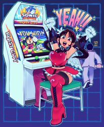  1boy 1girl absurdres after_battle arcade_cabinet arms_up boots company_connection defeat fighting_vipers grid_background highres honey_(fighting_vipers) honey_the_cat kiryu_kazuma ryuu_ga_gotoku_(series) sega sonic_(series) sonic_the_fighters sonic_the_hedgehog sonic_the_hedgehog_(classic) speedoru thigh_boots twintails victory_pose 