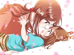  2girls aqua_shirt biwako_(biwa27) blush brown_eyes brown_hair closed_mouth commentary_request eye_contact from_side highres karakai_jouzu_no_(moto)_takagi-san karakai_jouzu_no_takagi-san long_hair looking_at_another lying medium_hair mother_and_daughter multiple_girls nishikata_chii on_back open_mouth pink_shirt profile shirt smile takagi-san white_background 
