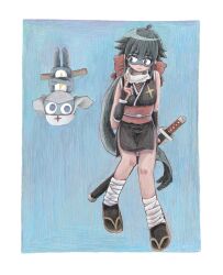  1boy 1girl azumaya_koyuki blue_background dororo_(keroro_gunsou) highres holding holding_sword holding_weapon japanese_clothes katana keroro_gunsou kimono mask mouth_mask ninja ninja_mask sandals sleepzzz sleeveless sleeveless_kimono sword weapon 