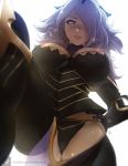  armor breasts camilla_(fire_emblem_if) cleavage erica_june_lahaie fire_emblem fire_emblem_if groin hands_on_hips highres large_breasts lips long_hair looking_at_viewer looking_down panties purple_hair skindentation smile underwear violet_eyes white_background 