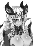  1girl bare_shoulders black_sclera blush breasts bridal_gauntlets cleavage demon_girl greyscale highres horns kenkou_cross large_breasts long_hair looking_at_viewer monochrome monster_girl smile solo upper_body 