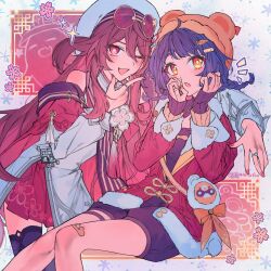  2girls 3244furika bear_hat blue_hair blue_hat braid chinese_clothes commentary dress genshin_impact happy_new_year hat highres hu_tao_(cherries_snow-laden)_(genshin_impact) hu_tao_(genshin_impact) light_blush long_hair long_sleeves looking_at_viewer medium_hair multiple_girls one_eye_closed orange_eyes red_dress red_eyes red_sweater sweater symbol-only_commentary thigh-highs thighs twin_braids white_background xiangling_(genshin_impact) xiangling_(new_year&#039;s_cheer)_(genshin_impact) 