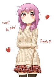  1girl birthday black_legwear character_name collarbone dokka_no_kuni_no_kokuou english happy_birthday heart pink_eyes pink_hair plaid plaid_skirt simple_background skirt smile solo sweater thigh-highs white_background yoshikawa_tomoko yuru_yuri zettai_ryouiki 