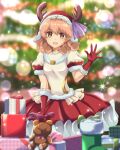  1girl :d antlers backlighting bloom blurry blurry_background bow box brown_eyes christmas christmas_tree commission depth_of_field dress eyebrows_visible_through_hair fake_antlers fire_emblem fire_emblem_echoes:_shadows_of_valentia genny_(fire_emblem) gift gift_box gloves hat highres kakiko210 lens_flare light_particles open_mouth pink_hair red_gloves red_skirt reindeer_antlers santa_hat short_sleeves skeb_commission skirt smile socks solo stuffed_animal stuffed_toy white_dress 