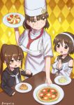  3girls alternate_costume black_serafuku breasts brown_eyes brown_hair commentary_request detached_sleeves food fumizuki_(kantai_collection) glasses hairband hat headdress holding kantai_collection large_breasts long_hair long_sleeves misumi_(niku-kyu) multiple_girls natori_(kantai_collection) necktie open_mouth pince-nez ponytail risotto roma_(kantai_collection) school_uniform serafuku short_hair smile triangle_mouth 
