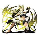  1girl akame_ga_kill! animal_ears belt black_bra black_panties blonde_hair bra breasts cat_ears cat_tail cleavage divine_gate fang full_body hair_over_one_eye large_breasts leone long_hair looking_at_viewer midriff navel official_art one_knee panties paws scarf shadow smile solo stance strapless strapless_bra tail thigh-highs transparent_background ucmm underwear yellow_eyes 