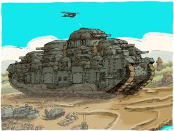  aircraft airplane blue_sky cannon caterpillar_tracks dust_cloud hill hut mud original people sky tank_turret too_many_weapons yabarn 