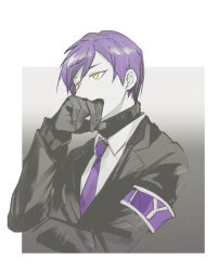  1boy armband black_jacket black_sweater border collared_shirt grey_background jacket ko_bammm lobotomy_corporation long_sleeves male_focus project_moon purple_armband purple_hair shirt short_hair simple_background solo sweater sweater_under_shirt upper_body white_border white_shirt yellow_eyes yesod_(project_moon) 