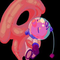  1boy arm_around_waist big_nose black_background brown_hair closed_eyes full_body gloves helmet highres lifting_person male_focus no_mouth olimar pikmin_(series) plasm_wraith pointy_ears radio_antenna red_gloves short_hair simple_background slime_(creature) space_helmet spacesuit unconscious very_short_hair whistle yu_pikmin 