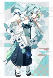  1girl adapted_costume alternate_costume aqua_hair blue_background blue_skirt border bracelet commentary_request dango detached_sleeves double_bun egasumi faruzan_(genshin_impact) flower food full_body genshin_impact green_eyes hair_bun hair_ornament hakama hakama_skirt hand_up highres holding holding_food japanese_clothes jewelry long_hair looking_at_viewer one_eye_closed sandals sanshoku_dango sash skirt smile socks solo standing twintails utori_(tanakautori) wagashi white_border white_flower white_socks x_hair_ornament 