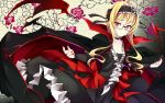  1girl bespectacled blonde_hair cape character_request dress fingernails frills glasses hairband highres long_hair looking_at_viewer ogami_kazuki orange_eyes sennen_sensou_aigis smile solo 