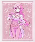  1girl belt breasts cleavage collarbone color_connection commentary commentary_request iesupa jewelry necklace neo_(rwby) pink pink_background pink_hair rwby solo 