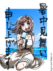  1girl :o animal_bag bare_shoulders black_dress breasts brown_eyes cat_bag danganronpa_(series) danganronpa_2:_goodbye_despair dress flipped_hair food galaga holding holding_food ice_cream medium_hair nanami_chiaki rari_wo sitting small_breasts spaceship_hair_ornament sweat teeth translation_request upper_teeth_only white_dress 