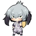  &gt;:/ 1girl :/ bangs bird_tail black_gloves black_hair blush bodystocking chibi closed_mouth eyebrows_visible_through_hair eyelashes full_body gloves green_eyes hand_on_own_face head_wings kemono_friends long_hair multicolored_hair necktie pantyhose shirt shoebill_(kemono_friends) short_hair shorts silver_necktie silver_shirt silver_shorts simple_background solo tail twumi white_background 