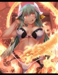  1girl aqua_hair breasts cleavage commentary_request dragon empty_eyes fate/grand_order fate_(series) hair_ornament horns kiyohime_(fate/grand_order) large_breasts long_hair looking_at_viewer smile solo swimsuit tongue tongue_out yandere yandere_trance yellow_eyes yuge_(yuge_bakuhatsu) 