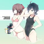  2girls ahoge alternate_costume anchor_symbol arm_up bare_arms bare_legs bikini black_hair black_hat black_swimsuit blue_eyes bow breasts character_name cleavage closed_mouth collarbone competition_swimsuit covered_navel drill_hair eyebrows_visible_through_hair failure_penguin groin hair_bow hand_in_hair hand_on_hip harukaze_(kantai_collection) hat holding kantai_collection long_hair matsukaze_(kantai_collection) medium_breasts multiple_girls navel no_headwear one-piece_swimsuit pink_bikini profile red_bow red_eyes short_hair skin_tight small_breasts smug souji standing stomach stuffed_animal stuffed_penguin stuffed_toy swimsuit teardrop top_hat twin_drills wading water 
