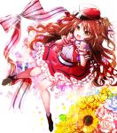  1girl :d blue_flower bow brown_eyes brown_hair dekitate_evo!_revo!_generation! dress_shirt flower full_body hat idolmaster idolmaster_cinderella_girls kanola_u layered_skirt long_hair neck_ribbon one_side_up open_mouth pink_flower red_hat red_skirt ribbon shimamura_uzuki shirt skirt smile solo striped striped_bow sunflower very_long_hair visor_cap white_ribbon white_shirt yellow_flower 