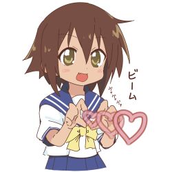  1girl :d absurdres blue_sailor_collar blue_skirt bluearcadegames blush bow bowtie brown_hair fang heart heart_hands highres kusakabe_misao lucky_star pleated_skirt ryouou_school_uniform sailor_collar school_uniform short_hair skirt smile spiky_hair tan white_background yellow_bow yellow_bowtie yellow_eyes 